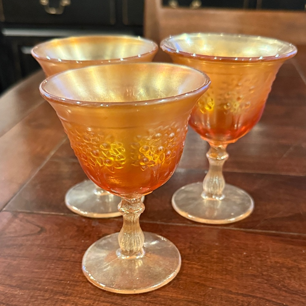 Set of 3 Fenton Marigold Carnival Glass Goblets in the "Orange Tree" Pattern